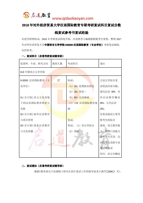 2018年对外经济贸易大学汉语国际教育专硕考研复试科目复试分数线复试参考书复试经验