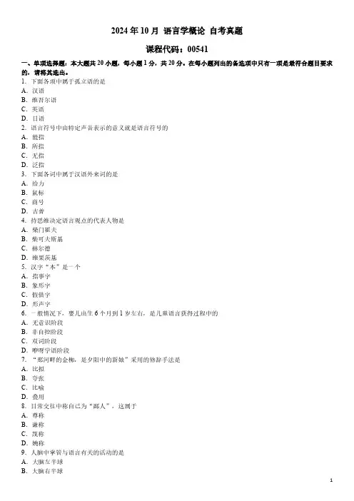 2024年10月 语言学概论(00541)自考真题
