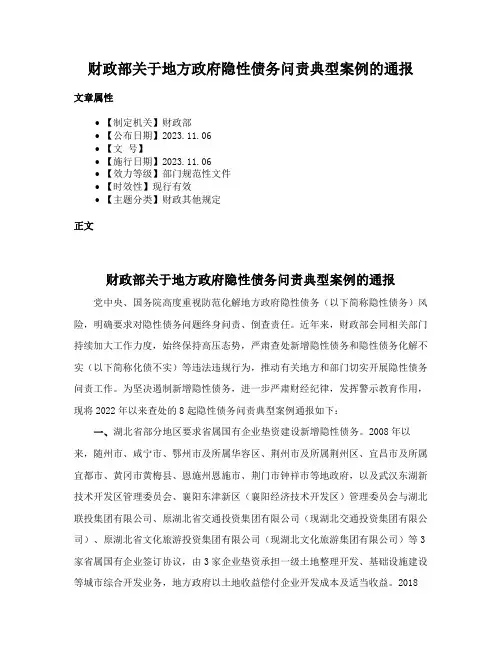 财政部关于地方政府隐性债务问责典型案例的通报