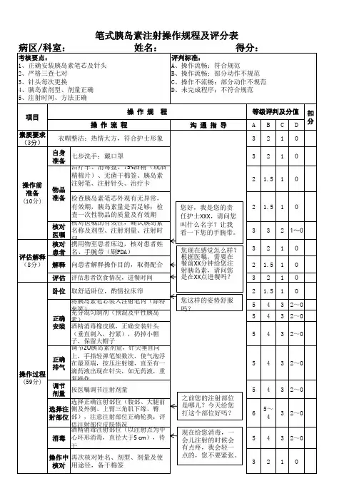 笔式胰岛素注射操作规程及评分表 (1)