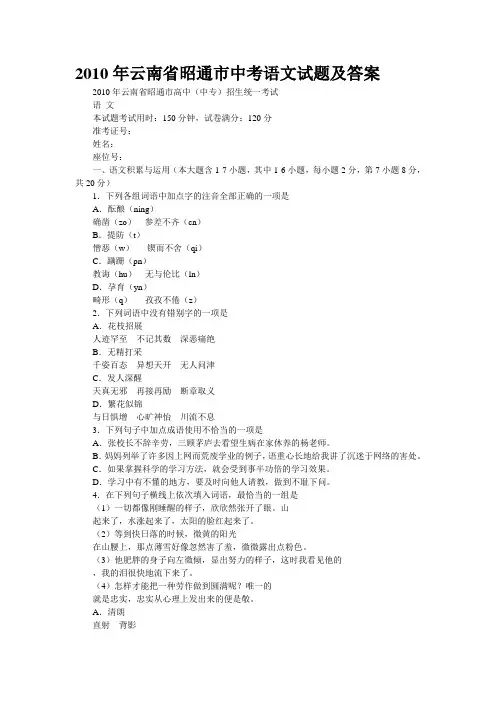 2010年云南省昭通市中考语文试题及答案