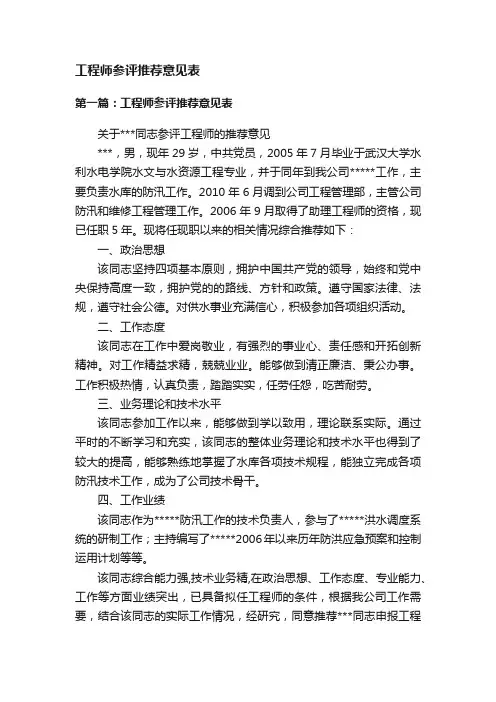 工程师参评推荐意见表