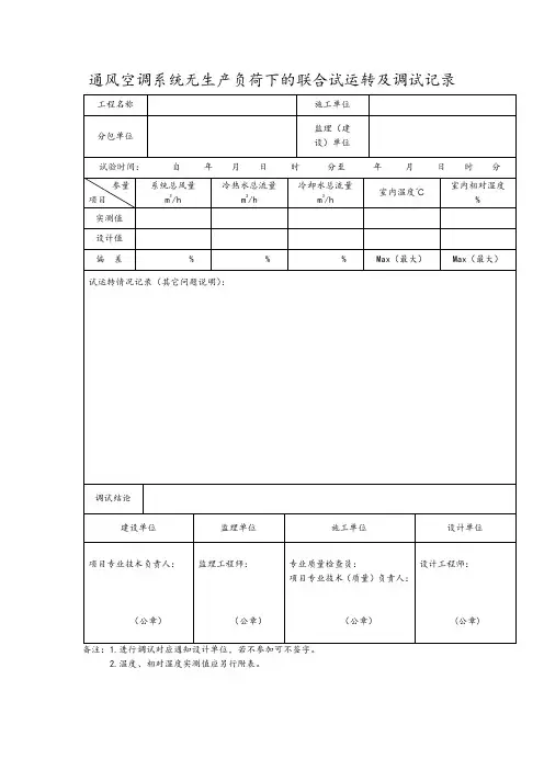 通风空调系统无生产负荷下的联合试运转及调试记录