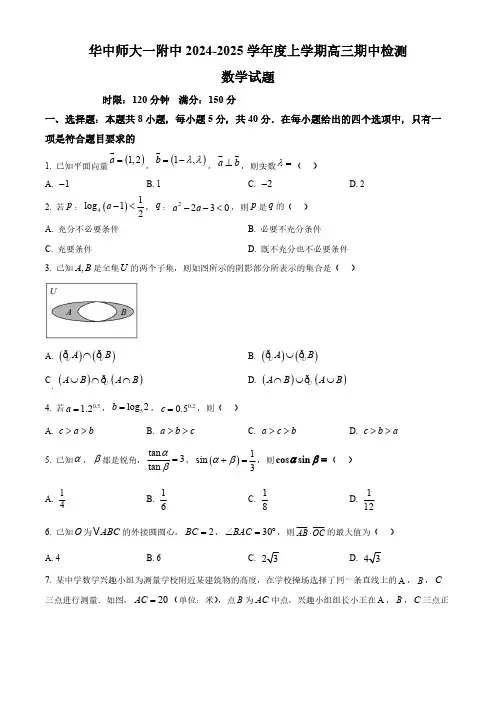 2024-2025学年湖北省武汉市华中师大一附中高三上学期期中数学试题及答案