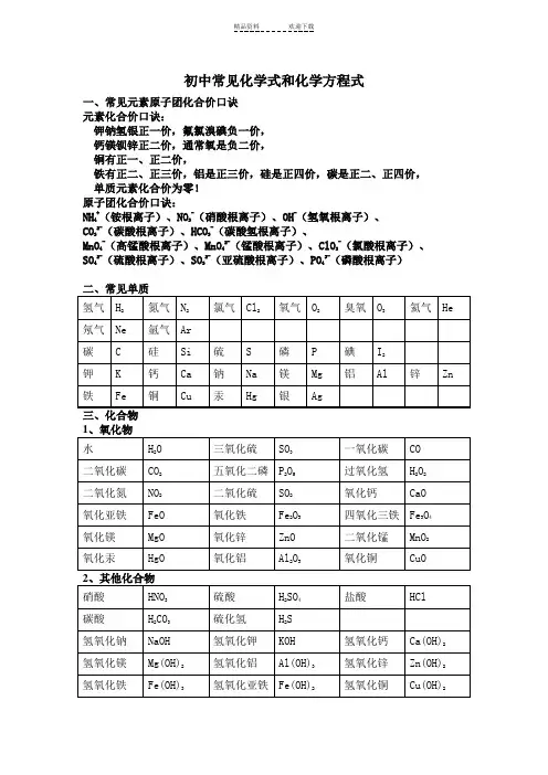 初中常见化合价、化学式、化学方程式