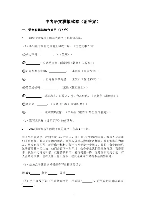中考语文模拟试卷(附答案)