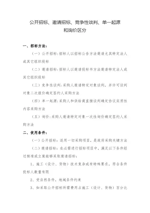 公开招标、邀请招标、竞争性谈判、单一来源和询价的区别