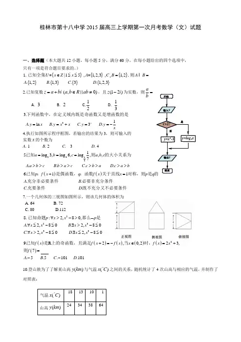广西桂林市第十八中学2015届高三上第一次月考数学(文)试题(含答案)