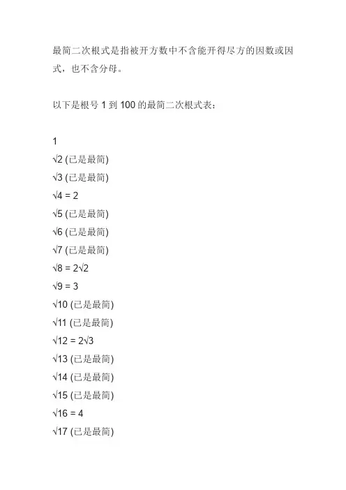 根号1到100最简二次根式表
