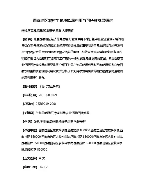 西藏地区农村生物质能源利用与可持续发展探讨