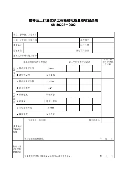 锚杆及土钉墙支护工程检验批质量验收记录表