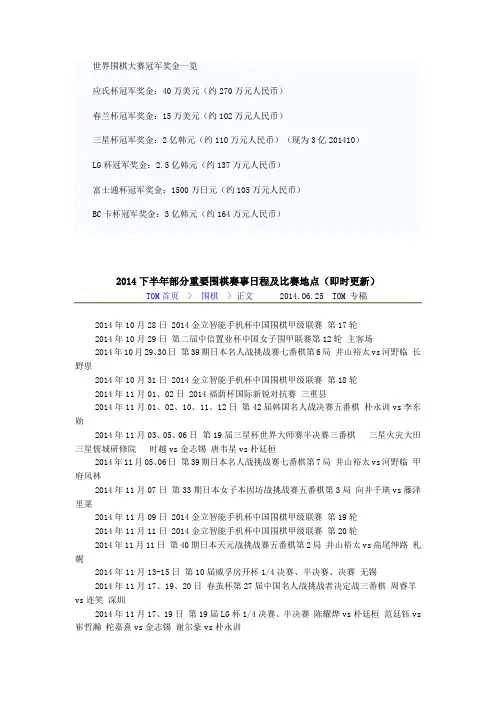 2014下半年部分重要围棋赛事日程及比赛地点