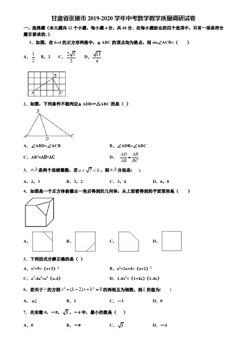 甘肃省张掖市2019-2020学年中考数学教学质量调研试卷含解析