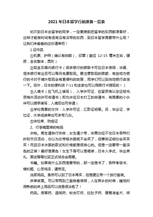 2021年日本留学行前准备一览表
