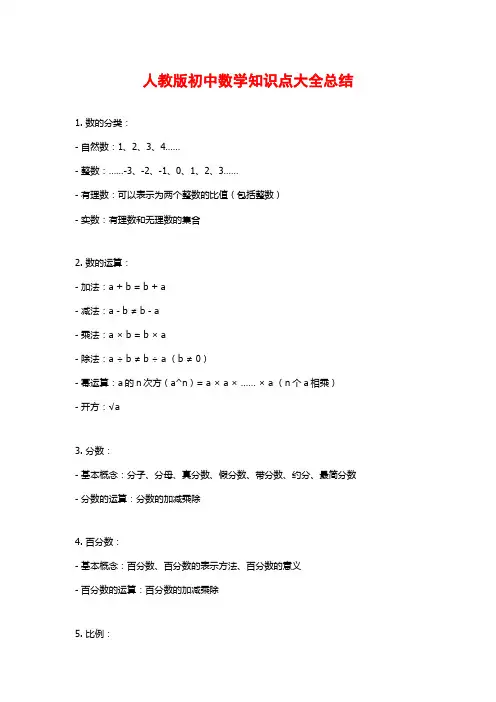 人教版初中数学知识点大全总结