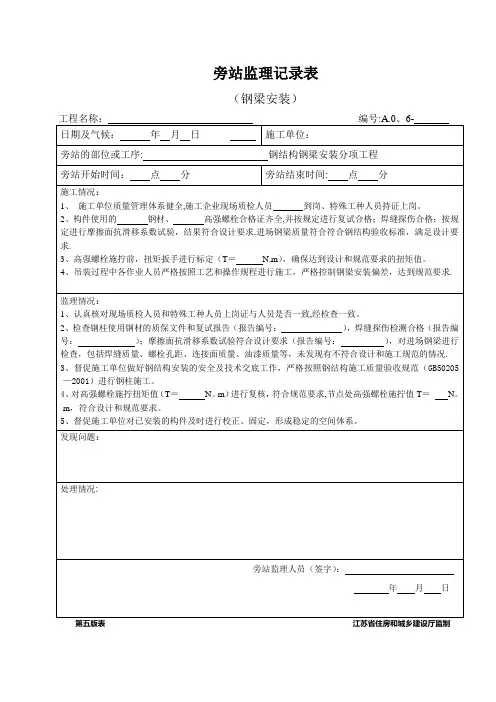 旁站监理记录表(钢梁安装)