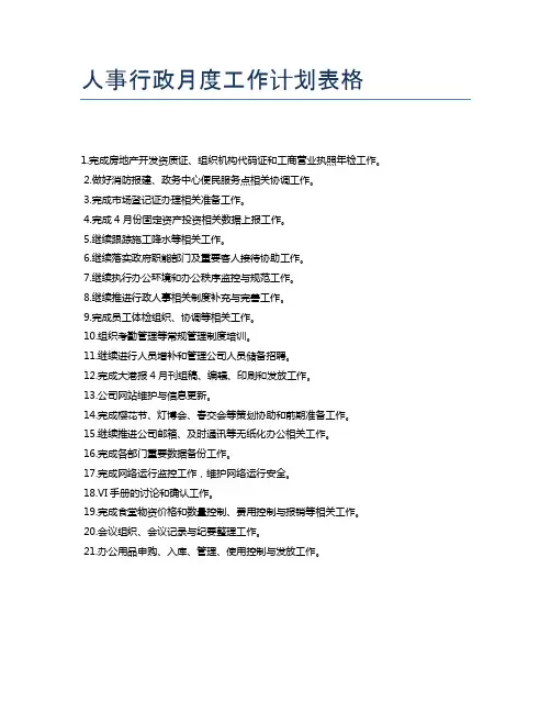 人事行政月度工作计划表格