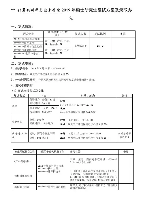 计算机科学与技术学院2019年硕士研究生复试方案及录取办法【模板】