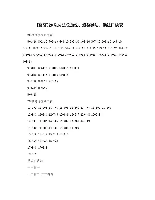 [修订]20以内进位加法、退位减法、乘法口诀表