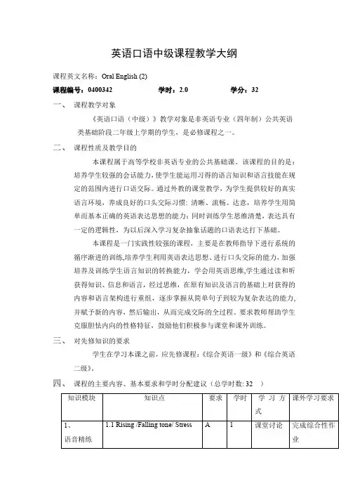 英语口语中级课程教学大纲