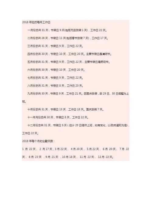 2018工作日天数