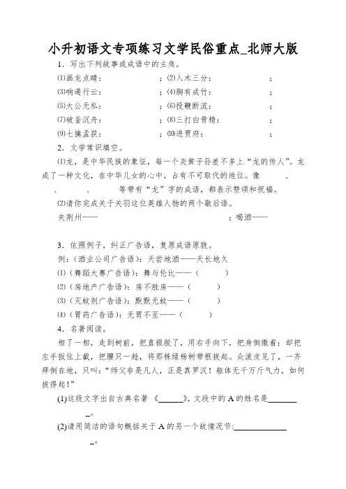 小升初语文专项练习文学民俗重点_北师大版