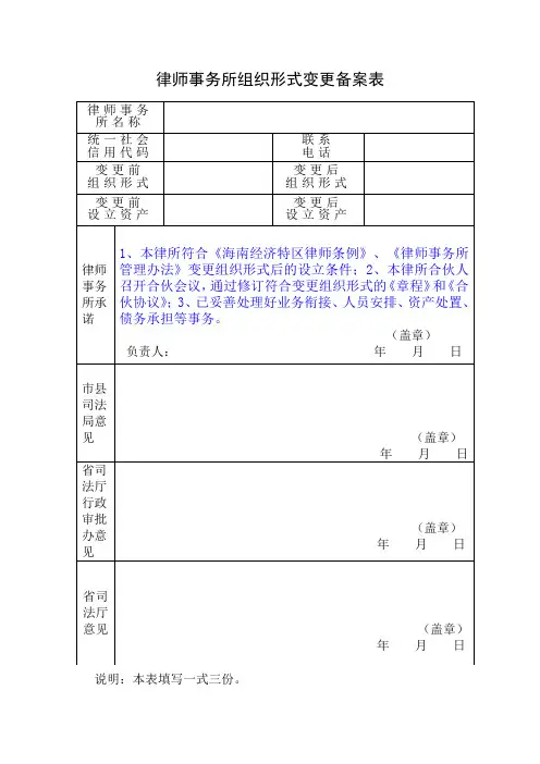 律师事务所组织形式变更备案表