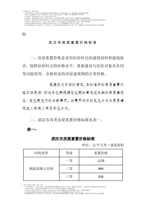 武汉市房屋重置价格标准