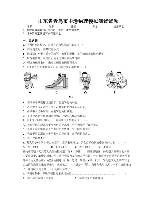 最新山东省青岛市中考物理模拟测试试卷及解析