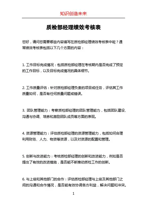 质检部经理绩效考核表