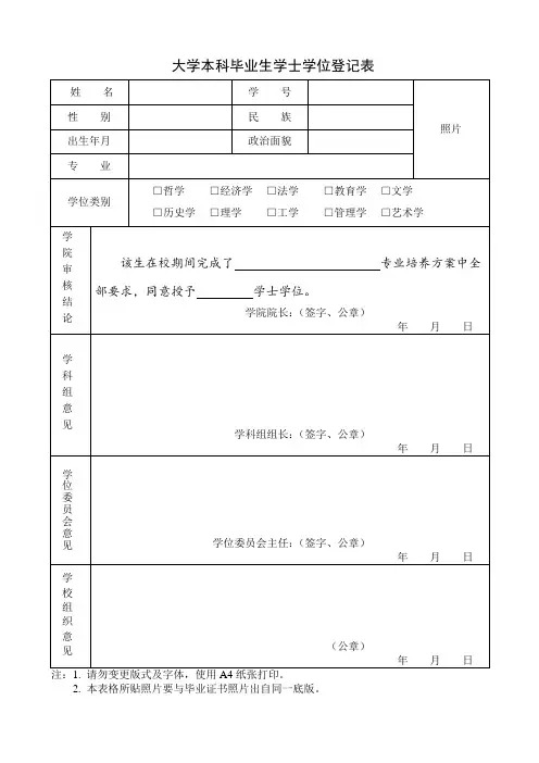 大学本科毕业生学士学位登记表