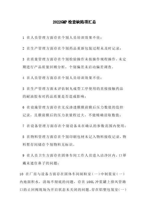 2022GMP检查缺陷项汇总