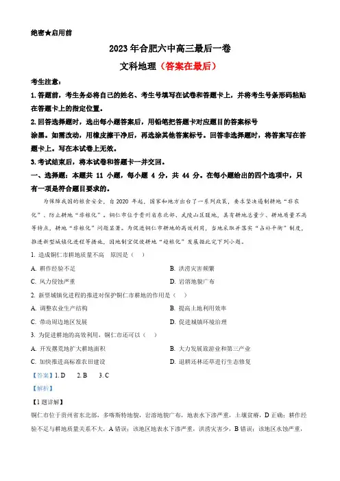 2023届安徽省合肥市高三最后一卷地理试题(文科)含解析