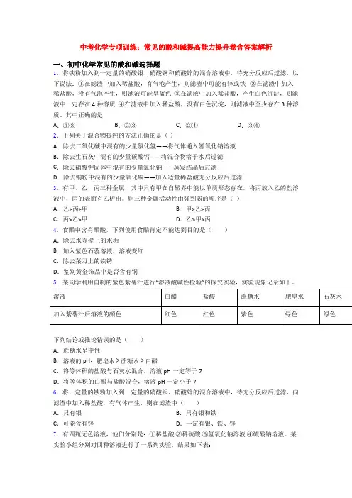中考化学专项训练：常见的酸和碱提高能力提升卷含答案解析