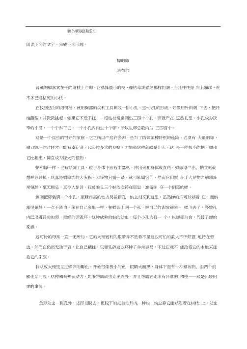 蝉的卵阅读练习