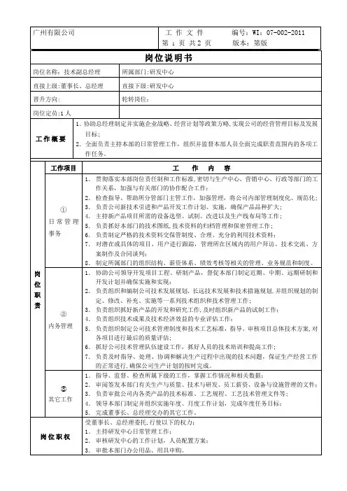 研发中心副总岗位说明书