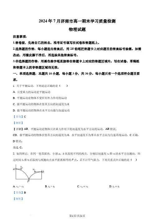 山东济南2024年高一下学期7月期末考试物理试题(解析版)