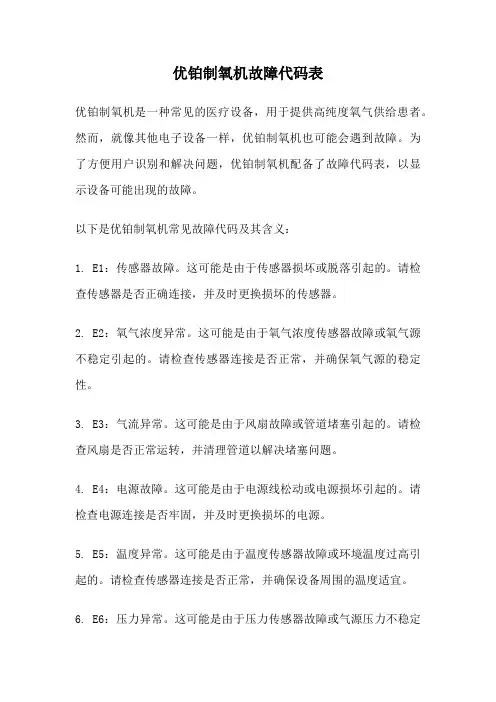 优铂制氧机故障代码表