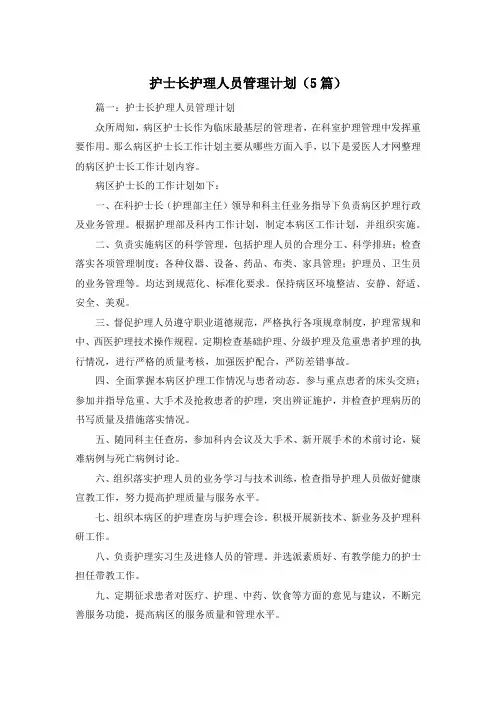 护士长护理人员管理计划(5篇)