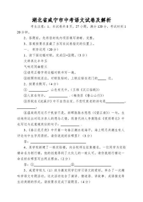 湖北省咸宁市中考语文试卷及解析