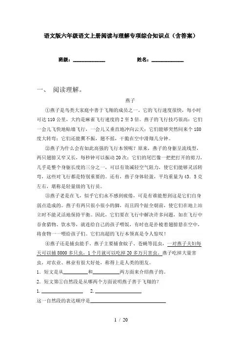 语文版六年级语文上册阅读与理解专项综合知识点(含答案)