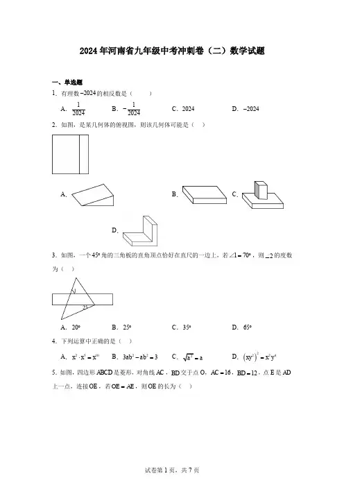 2024年河南省九年级中考冲刺卷(二)数学试题 