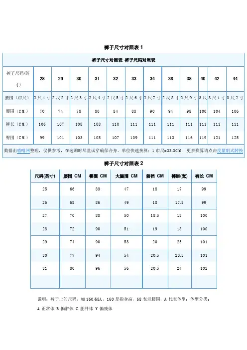 裤子尺码对照表