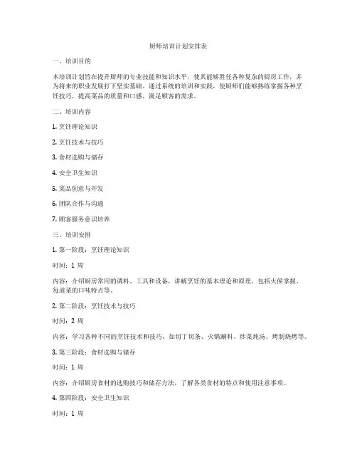 厨师培训计划安排表
