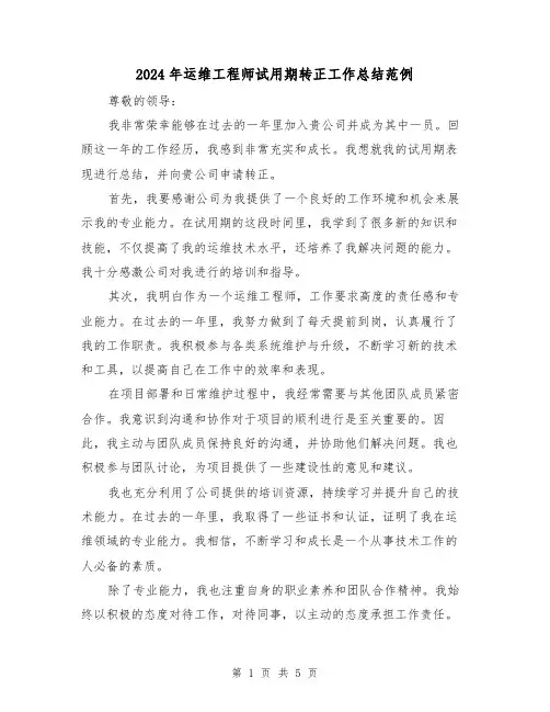 2024年运维工程师试用期转正工作总结范例(2篇)