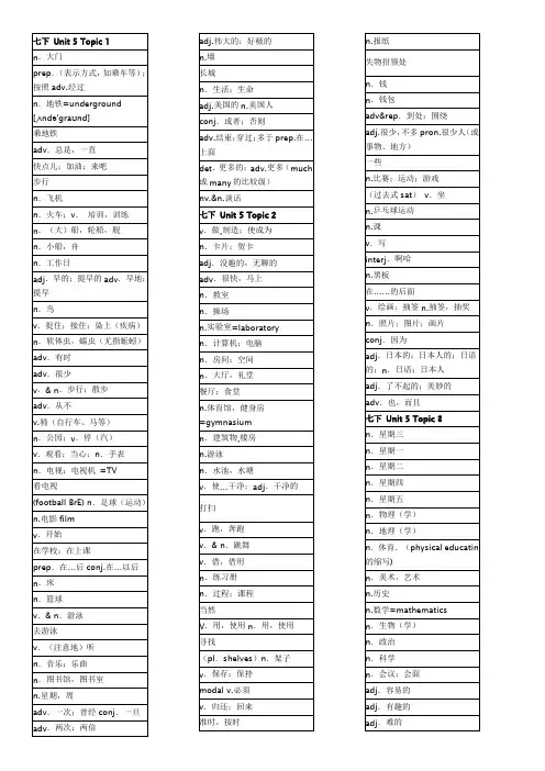 仁爱版七年级英语下册单词表(仅中文)