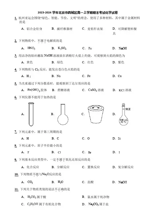 2023-2024学年北京市西城区高一上学期期末考试化学试卷