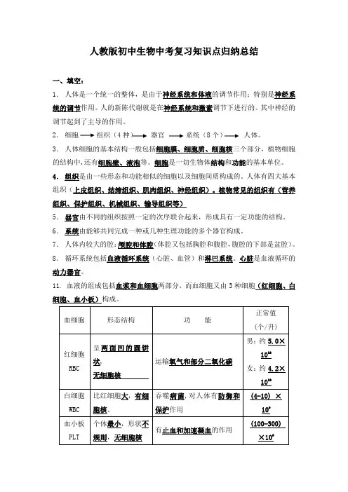人教版初中生物中考复习知识点归纳总结