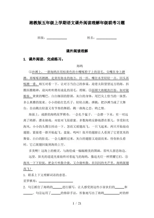 湘教版五年级上学期语文课外阅读理解年级联考习题