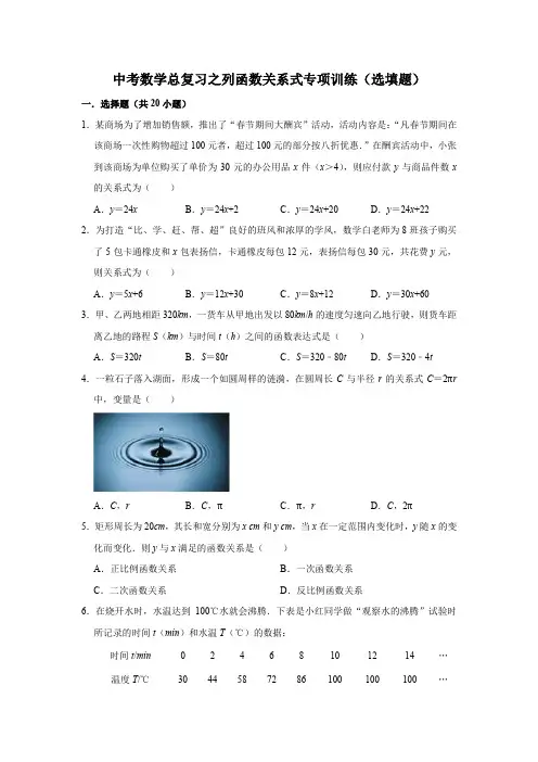 中考数学总复习之列函数关系式专项训练(选填题)